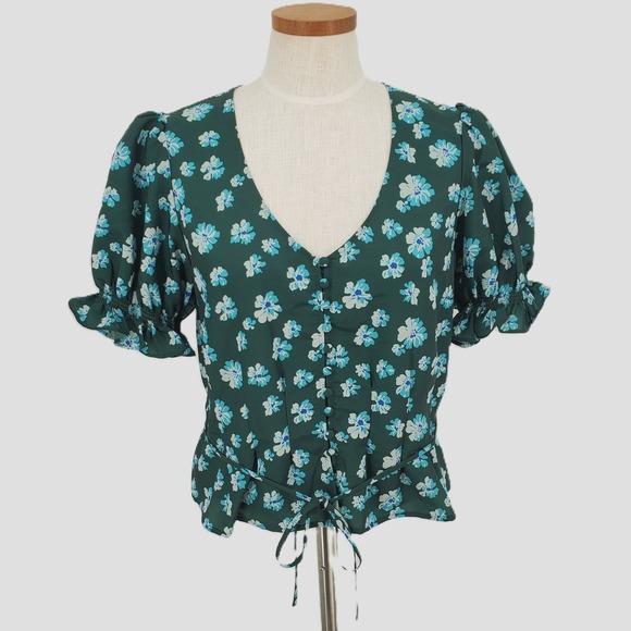 Outerknown Tops - Outerknown S Astral Floral Print Puff Sleeve‎ Tie Waist V Neck Blouse Green Blue